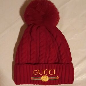 Gucci Pom Pom Hat Beanie Red Refurbished One Size